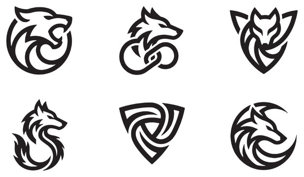 Set of stylized wolf and fox emblems and icons in a minimalist black and white design.