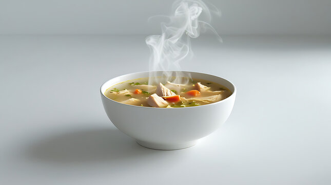 A minimalist image of a steaming white bowl of chicken noodle soup on a white surface, featuring chicken, carrots, and noodles in a clear broth with bright, clean lighting, 8k image