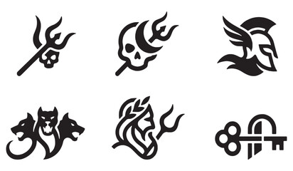 Naklejka premium Collection of mythological symbols and icons including a trident, skull, helmet, Cerberus, goddess, and key.