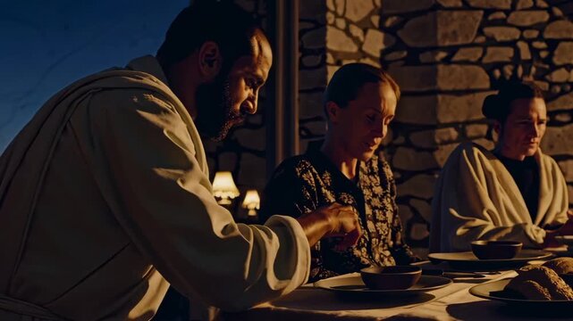 In a crowded lamplit room, judgment gives way to mercy as a shamed person is forgiven and leaves with visible relief. The scene focuses on social tension transforming into dignity and new direction.