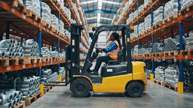 Female warehouse worker operating a yellow forklift in a large storage facility filled with metal pipes and equipment on wooden pallets, showcasing efficient logistics management