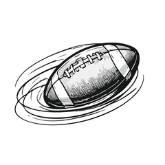 Vintage black and white engraved American football with speed lines and motion trails, dynamic spinning ball illustration, isolated retro clipart.