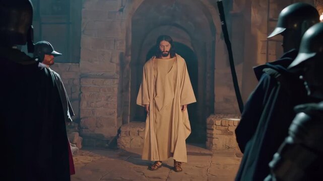 In a torchlit guardroom, soldiers mock a silent prisoner, but the mood subtly shifts as bravado gives way to unease. A tense scene emphasizing restraint and the fragility of power.