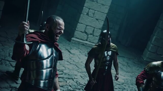 In a torchlit guardroom, soldiers mock a silent prisoner, but the mood subtly shifts as bravado gives way to unease. A tense scene emphasizing restraint and the fragility of power.