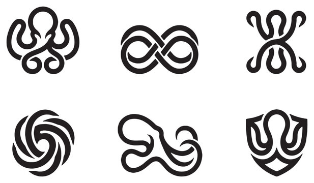 Collection of stylized octopus and infinity symbols in black and white, perfect for logos and graphic design elements.