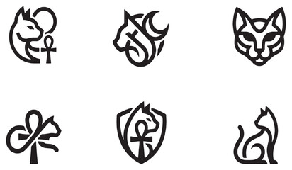 Fototapeta premium Collection of stylized Egyptian cat icons with ankh symbols, representing ancient culture and mythology.