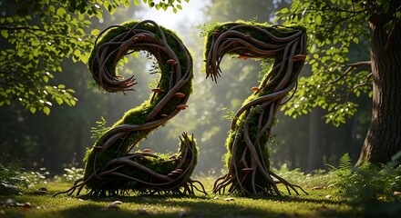 Fototapeta premium Number 27 formed by twisted tree branches and moss, nestled in lush green forest with sunlit background