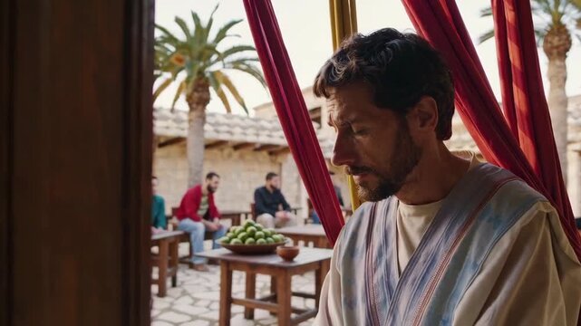 In a Jericho courtyard meal, a wealthy man shifts from guarded to generous, redistributing coins as the room&rsquo;s mood turns hopeful. Sunlit communal scene emphasizing transformation and giving.