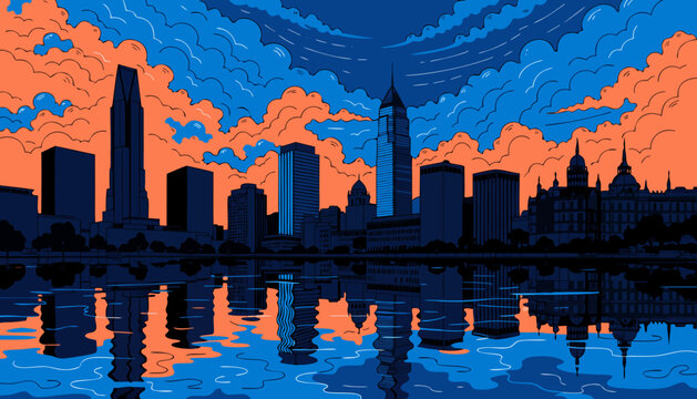 Philadelphia skyline vector art with vibrant orange and blue colors. Perfect for travel brochures, city websites, and postcards.
