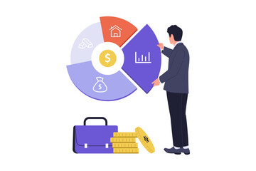 Business Investor Managing Asset Allocation with Portfolio Pie Chart Illustration. Businessman organizing different financial assets into a diversified pie chart for strategic investment planning