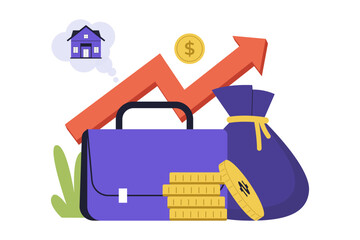 Capital Gain Concept with Rising Growth Arrow and Money Bag Illustration. An illustration of a briefcase, gold coins, and a money bag with a sharp red arrow pointing upwards