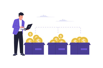 Financial Diversification Concept with Investor Sorting Coins into Multiple Boxes. Investor using a laptop to manage and sort gold coins into different storage boxes