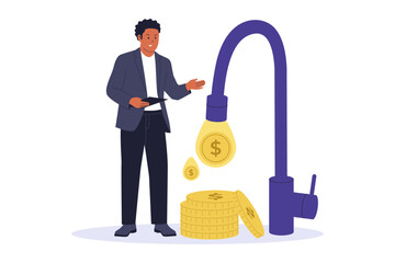 Financial Liquidity Concept. A businessman standing by a faucet shaped like a light bulb that pours out gold coins, representing the ease of converting assets into cash and bright financial ideas