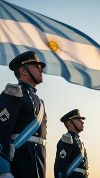 Two young male soldiers in ceremonial dress uniforms standing at attention with Argentina flag