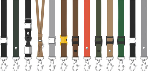 A flat design illustration of various lanyard styles arranged in a horizontal line against a white background.