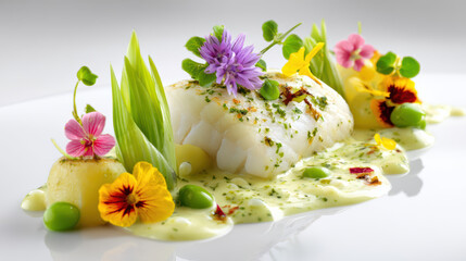 hake fillet with mussel veloute and leeks on a plate