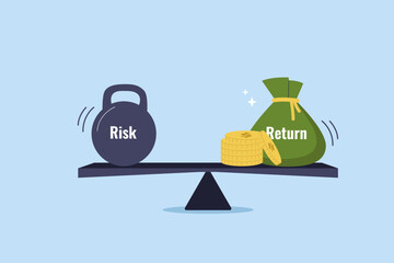 Risk and Return Balance Scale with Weight and Money Bag Illustration. A conceptual illustration of a balance scale weighing a heavy "Risk" weight against a "Return" money bag.