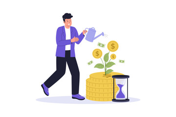 Long-term Investment Concept. A man watering a plant that grows gold coins next to a large hourglass, representing patience, time, and consistent growth in long-term financial planning
