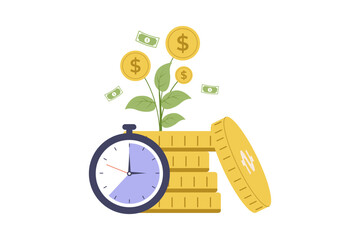 Short-term Investment Concept. A stack of gold coins and a dollar bill placed next to a stopwatch, representing quick financial returns and short-period investment instruments
