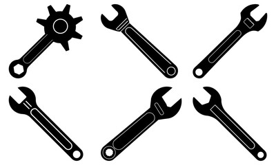 Assorted wrenches and a gear arranged in a circular pattern on a white background from a direct overhead viewpoint