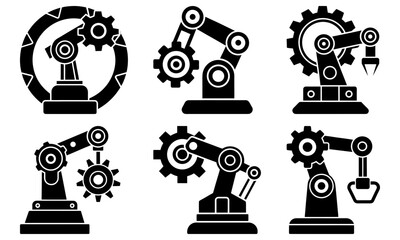 Industrial robotic arms with mechanical components in various configurations and actions