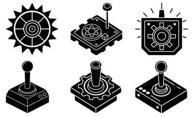 Collection of joystick and control icons, machinery parts, technology, gaming, electronics, illustrated in simple line art