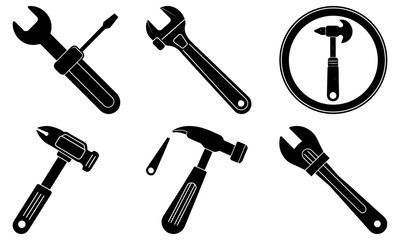 Collection of various tools including wrenches, hammers, and screwdrivers arranged in a circular pattern on a white background, viewed from directly above.