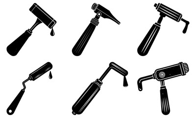 Collection of various paint rollers and tools displayed on a white background from a straightforward viewpoint