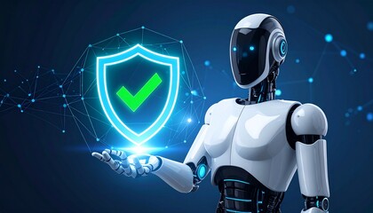 A futuristic robot presenting a security shield, showcasing safety and protection in the digital realm