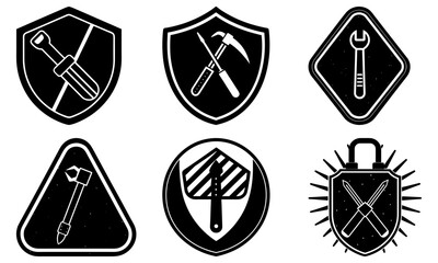 Set of black and white tool icons in various shield and emblem shapes for industrial use