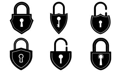Collection of black padlock icons with shields on white background