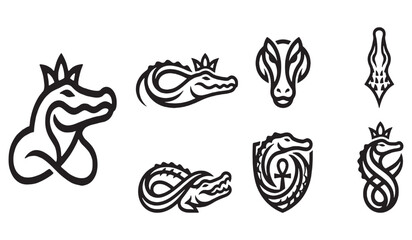 Obraz premium Collection of stylized alligator logos with crowns and shields, presented in a minimalist black and white line art style.