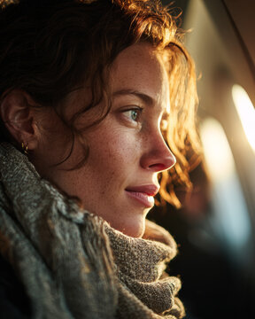 Rembrandt style portrait of a luxury traveler inside a private jet cabin at sunset