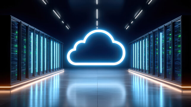 Glowing cloud icon in aisle of modern data center with server racks and blue lighting creating futuristic secure storage atmosphere