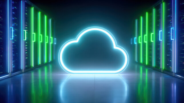 Neon cloud icon glowing between server racks in futuristic data center, conveying secure cloud storage and network infrastructure