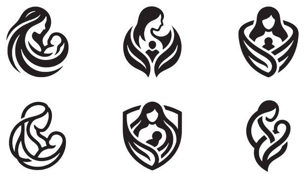 Set of six abstract mother and child logo designs in black and white, symbolizing love and care.