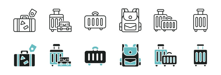 Suitcase baggage travel bag icon line set. Trip journey backpack briefcase, luggage, weight carry valise signs vector illustration