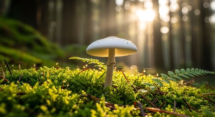 Enchanted Forest Mushroom in Golden Sunlight Macro