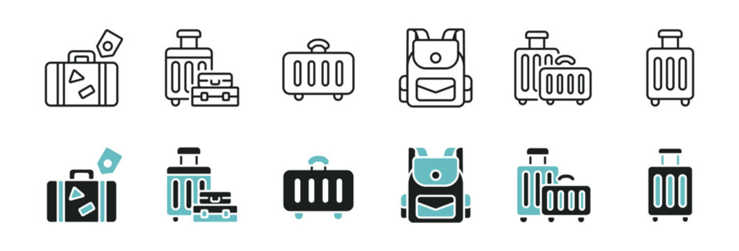 Suitcase baggage travel bag icon line set. Trip journey backpack briefcase, luggage, weight carry valise signs vector illustration