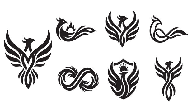 Collection of stylized phoenix bird logos and symbols, representing rebirth and power.