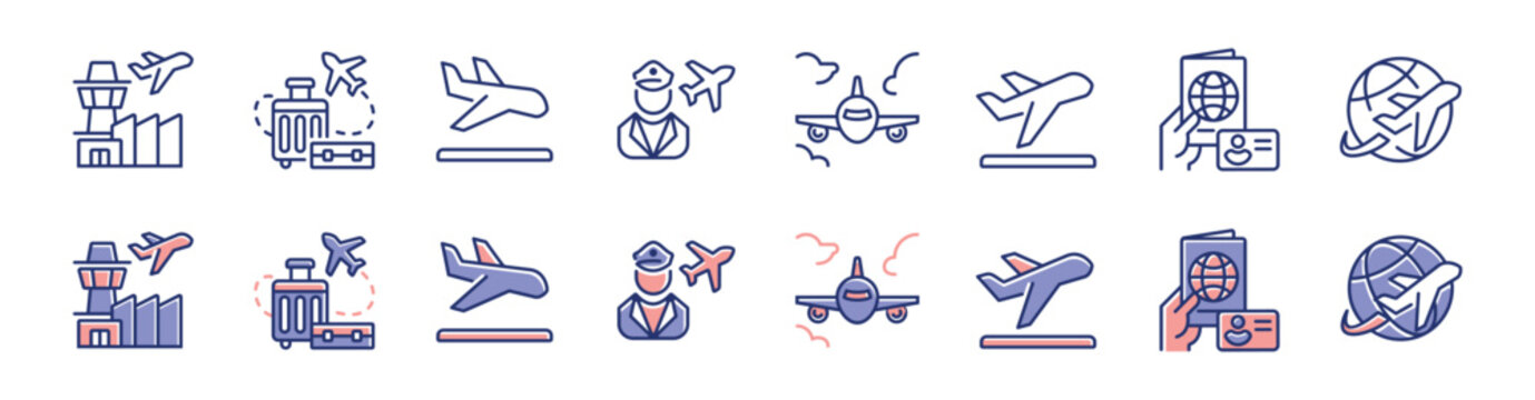 International travel airport airplane flight icon line set. Global transportation immigration aviation, pilot, trip, visa, boarding, suitcase, passport, departure, arrival signs vector illustration