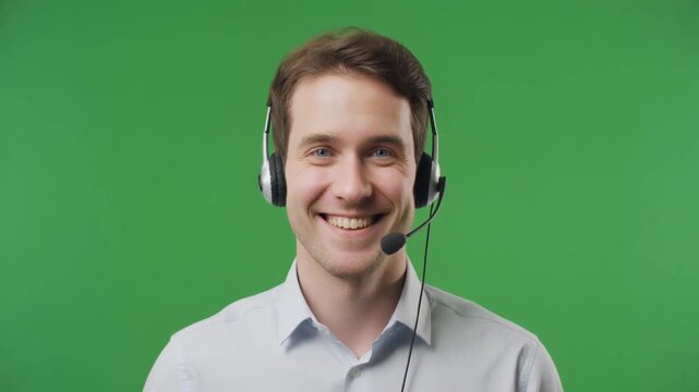 Friendly professional communication specialist smiling in a helpful video presentation against a green backdrop