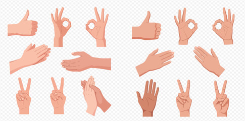 Fototapeta premium A diverse collection of cartoon human hand gestures including thumbs up, okay, peace sign, and clapping on a transparent background.