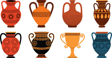 A flat, minimalist illustration of eight ancient Greek ceramic vessels arranged in two rows of four. © MD