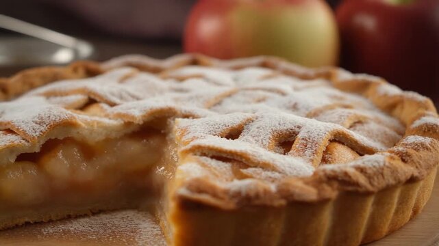 Capturing the irresistible aroma and taste of a classic homemade apple pie in a tantalizing video presentation