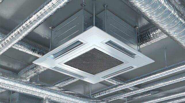 Ceiling-mounted air conditioning unit with metallic ductwork in modern industrial space