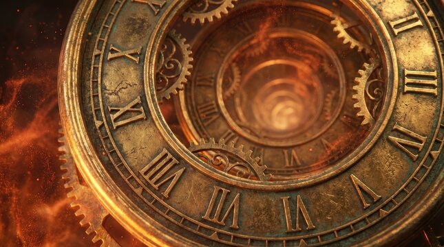 Spiral of ancient clocks in fiery time vortex concept. A mesmerizing close-up of a vintage clock mechanism and gears.