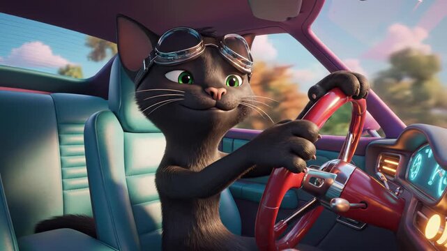 Black cartoon cat wearing goggles confidently drives a vintage car with a colorful interior, showcasing a playful expression while navigating the road ahead