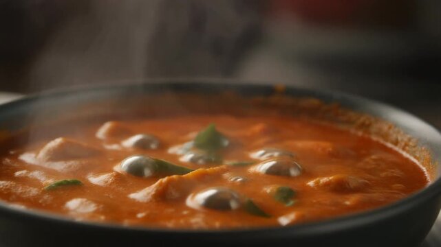 Captivating video of delicious steaming spicy soup bubbling in a dark bowl, ready to serve