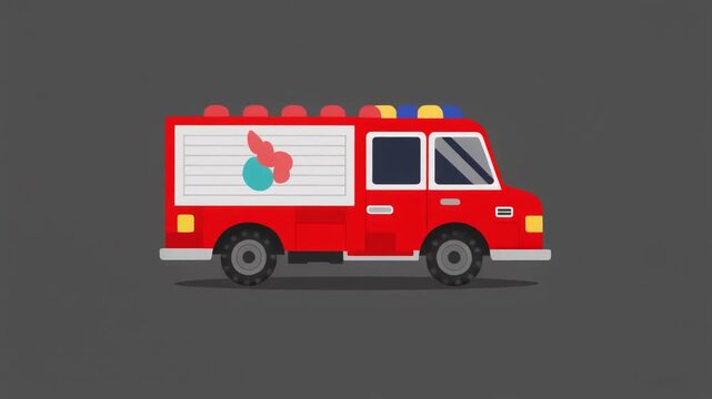Animated cartoon fire truck moving fast in video with flashing lights